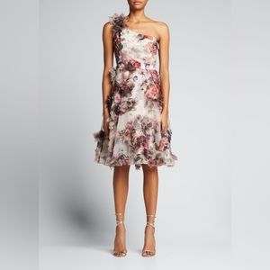 Marchesa Notte Floral One-Shoulder Dress